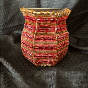 Partylite Moroccan Spice Wall Sconce. Handcrafted Beaded Vase - Red and Gold